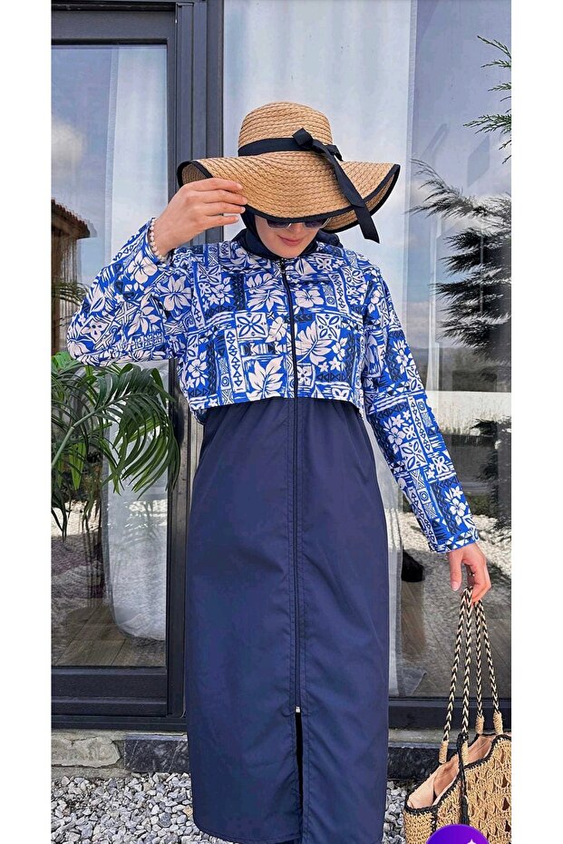 Half Digital Printed Long Hijab Swimsuit