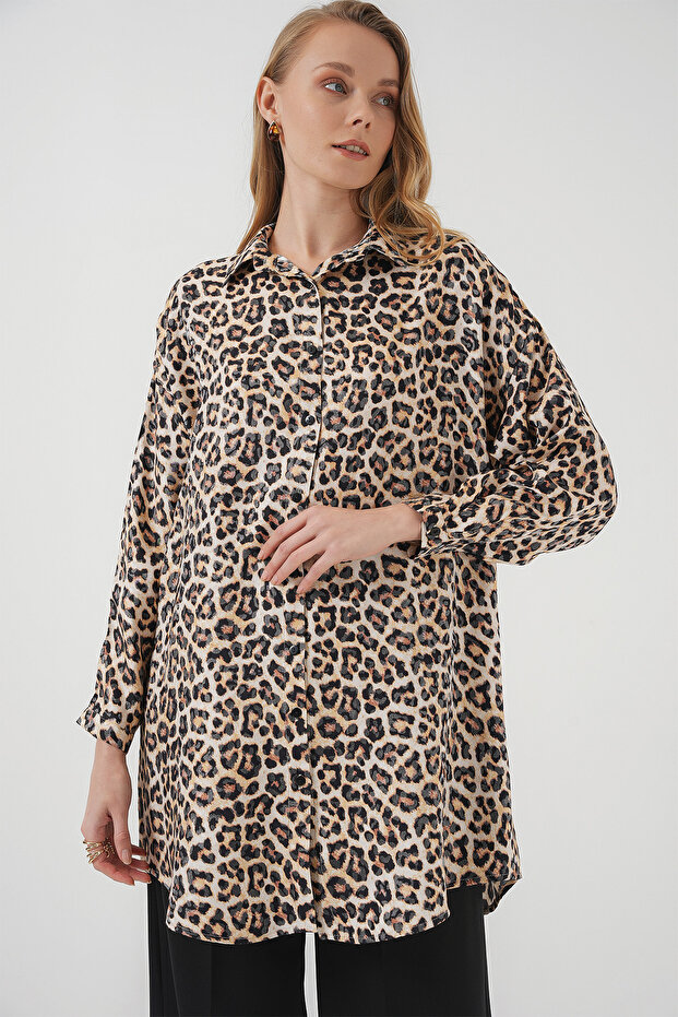 Women's Patterned Long Shirt Tunic 1488 - Beige