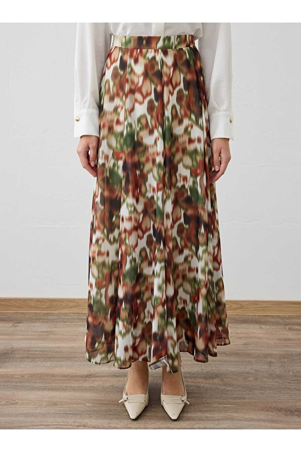 Abstract Patterned Chiffon Skirt - Brown - Green Abstract Pattern - - 3
