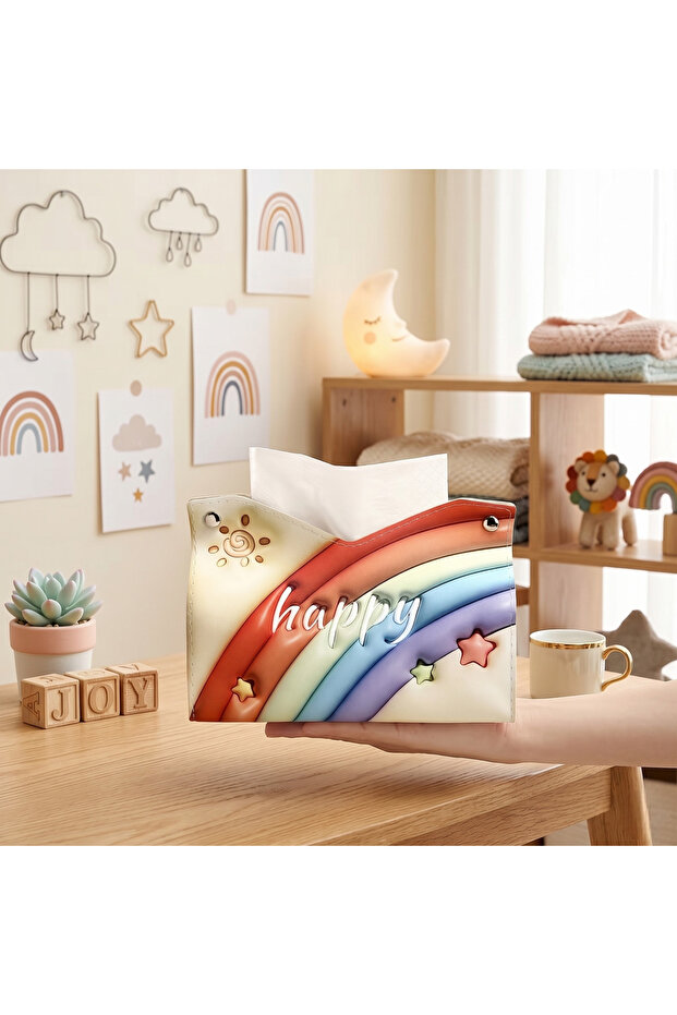 Decorative Leather Napkin Holder Case with Rainbow Design & Multi-Purpose Desktop Makeup Organizer