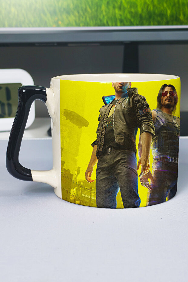 كوب سيراميك فاخر مطبوع عليه Cyberpunk 2077 (قطعة واحدة) بمقبض أسود خاص V1D