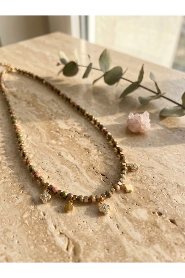 Unakit Natural Stone Zircon Clover Pendant Gold Color Steel Necklace