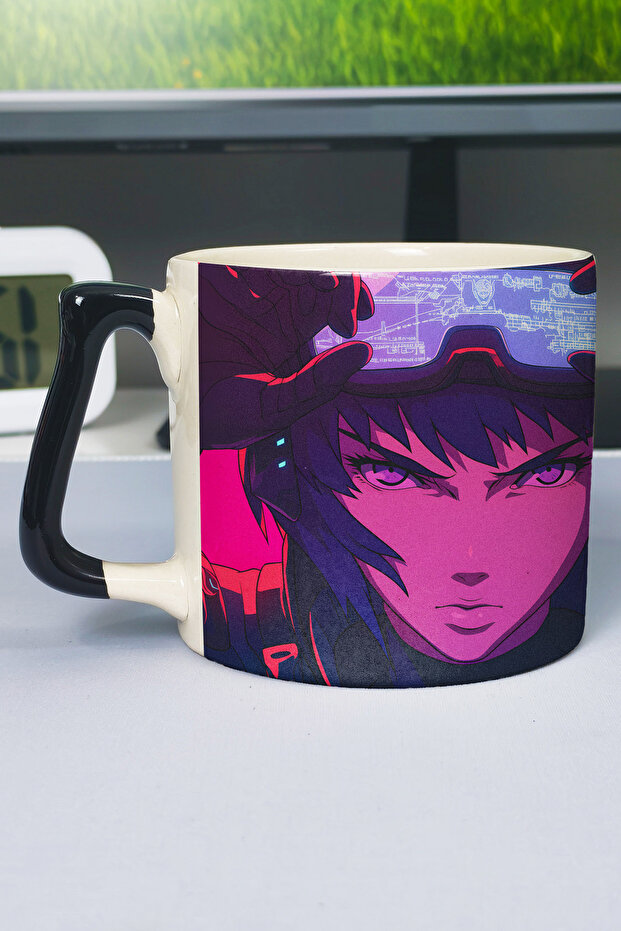 كوب سيراميك فاخر مطبوع عليه رسومات أنمي Ghost in the Shell (قطعة واحدة) بمقبض أسود خاص بمقبض مموج V3D