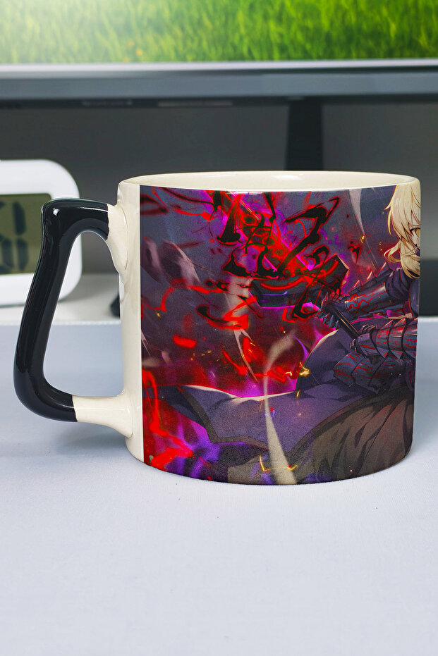كوب سيراميك فاخر مطبوع عليه Fate Anime (قطعة واحدة) بمقبض أسود خاص بمقبض مموج V4D
