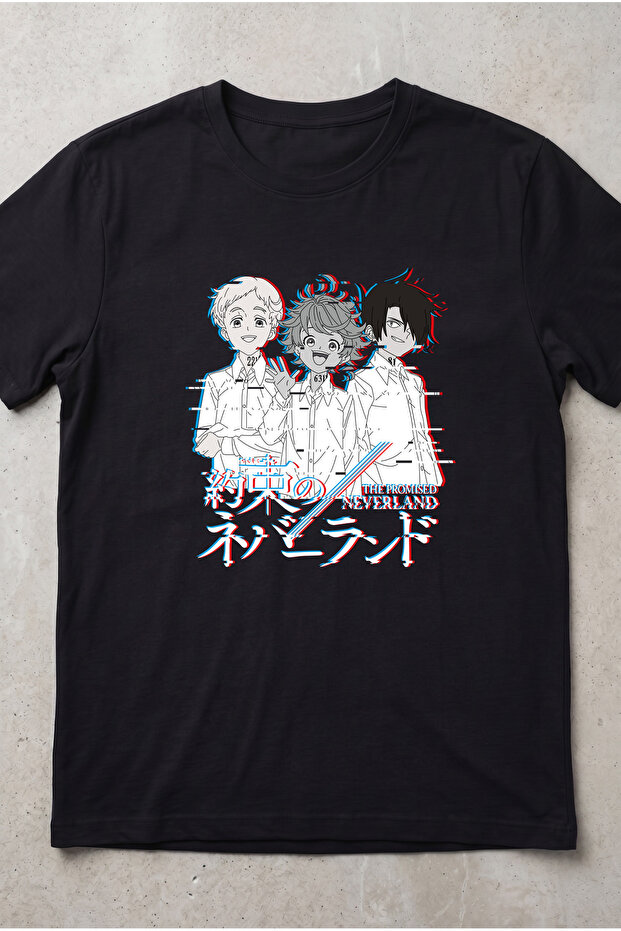 The Promised Neverland Glitch Effect Anime Printed Unisex Black T-Shirt