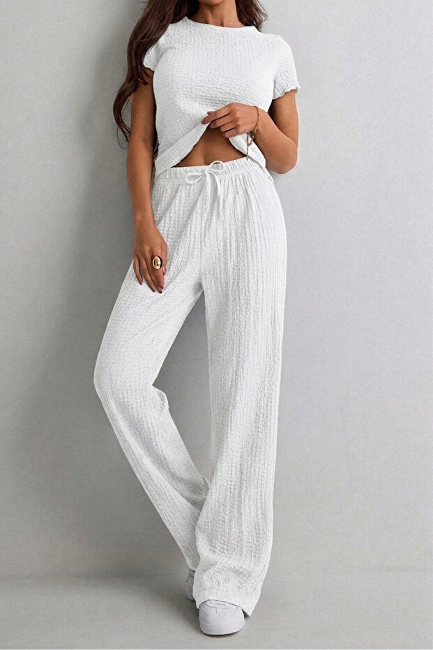 Women's Bubble Fabric Casual Stylish Blouse Wide Leg Pants Two-Piece Set