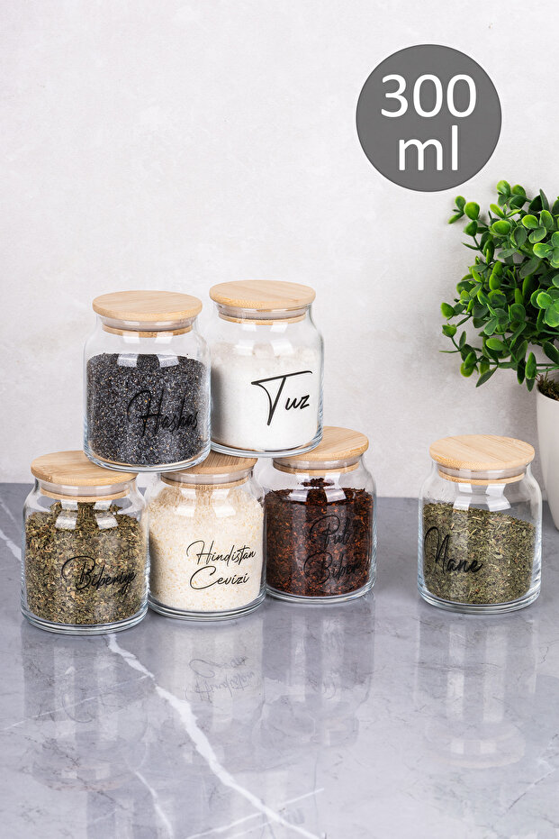 6-Piece Glass Spice Jar Set with Bamboo Lids, Vacuum Lids, Transparent Labeled Spice Jars, Dowry Set