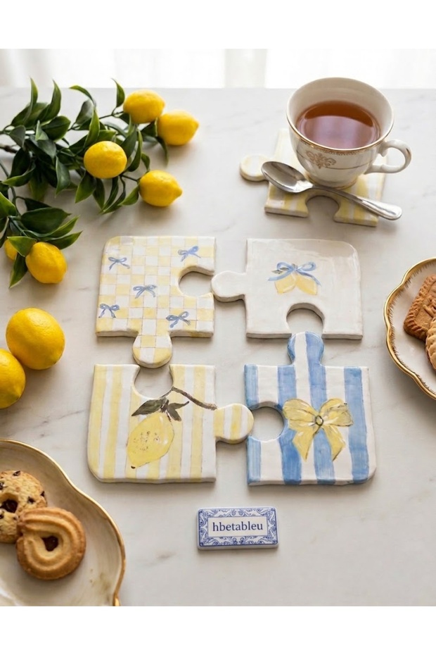 Set of 4 Puzzle Handmade Ceramic Coasters with Lemon Pattern, Aesthetic Presentation