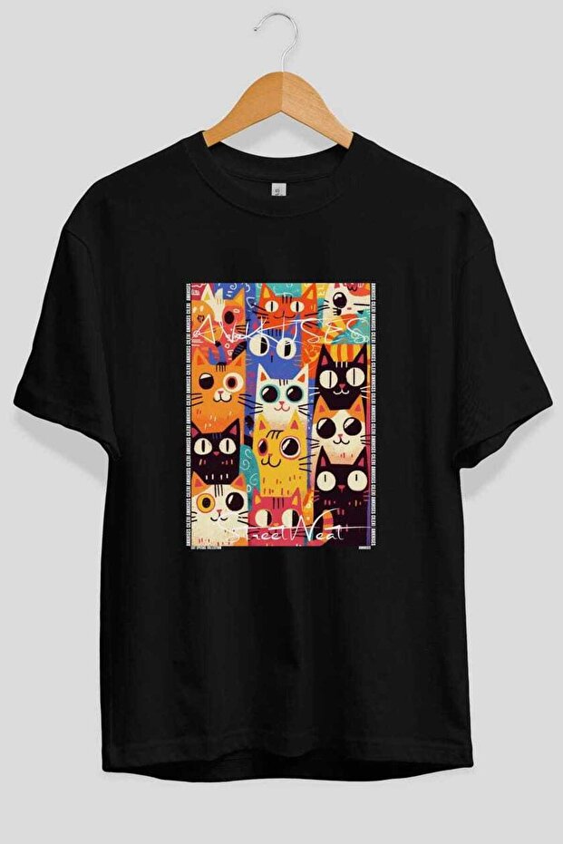 For the Love of Cats 62 Front Cat Printed Black Oversize T-Shirt 100% Cotton Unisex Cat Lover Premium Design