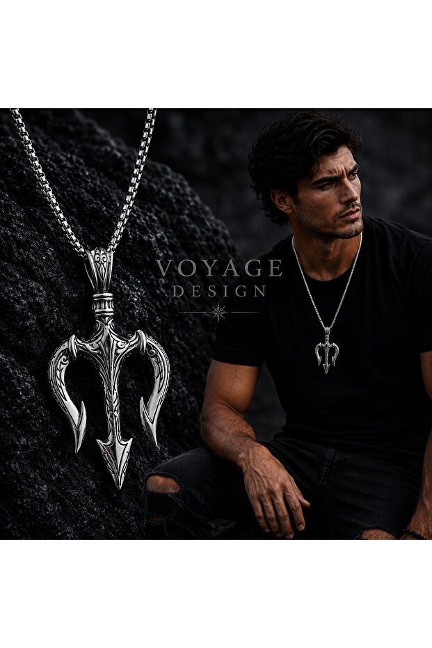 Stainless Steel Power of the Seas and Mythological Poseidon Spear Pendant