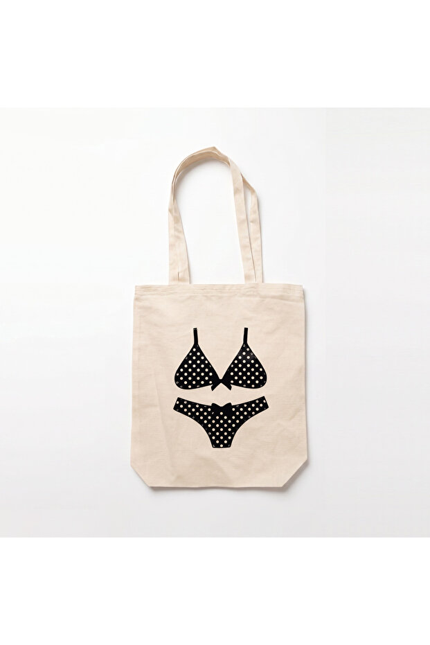 Polka Dot Bikini Printed Gusseted Cloth Bag - 140 Gr Raw Cloth Fabric Summer Beach and Shoulder Bag