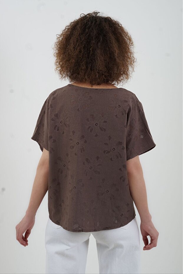 Coffee Self-Patterned Buttoned Front Blouse - 5