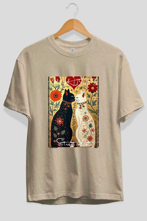 For the Love of Cats 82 Front Cat Printed Beige Oversize T-Shirt 100% Cotton Unisex Cat Lover Premium Design