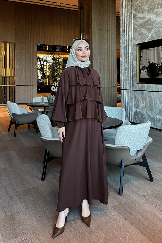 Brown Collared Tie-Back Layered Skirt Set