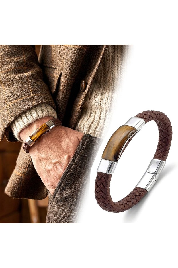 Cat's Eye Natural Stone and Leather Steel Men's Bracelet - 20 cm