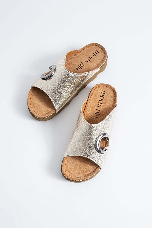 Onas Women's Genuine Leather Slippers with Side Moon Buckle Gold