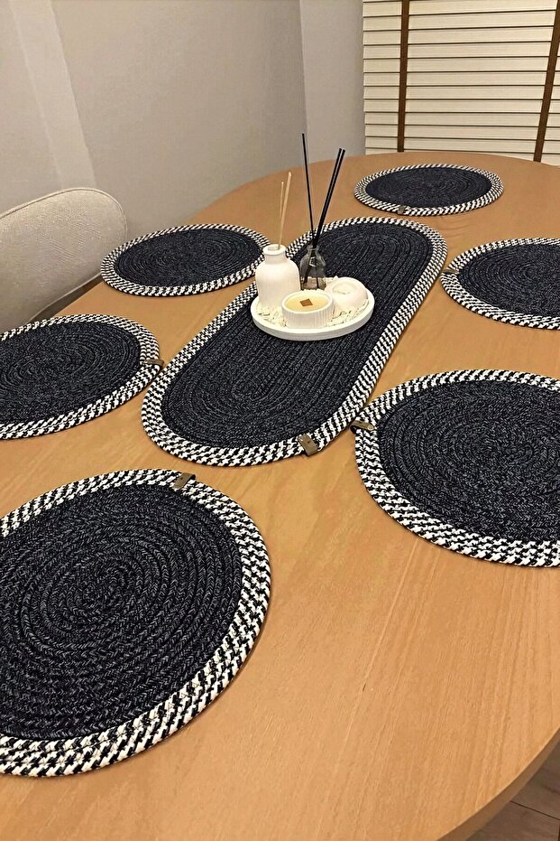 Jute Straw Runner Supla Set 7 Pieces - 30X80 cm Oval Washable American Service Tablecloth Set