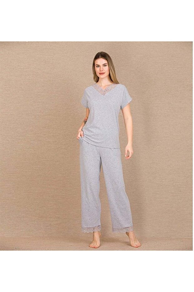 Viscose Stylish Design Lace Embroidered Gray Short Sleeve Pajama Set