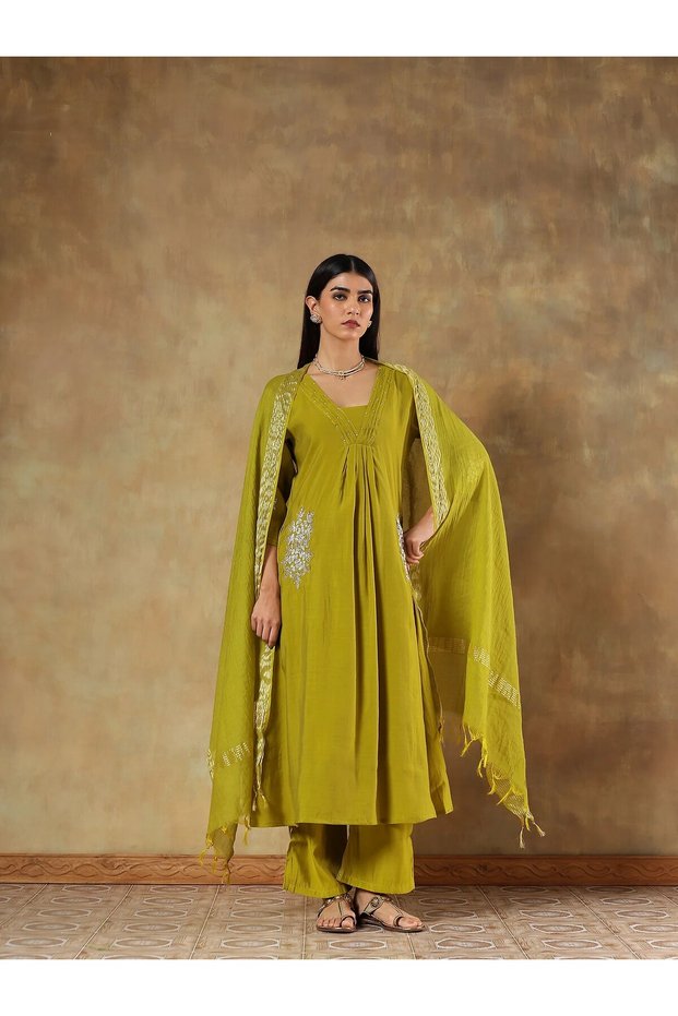 Anarkali Embroidered Mul Chanderi Kurta Set for Women with Dupatta & Pants | Ethnic Wear | Anarkali Salwar Suit | Festive, Wedding & Party Wear