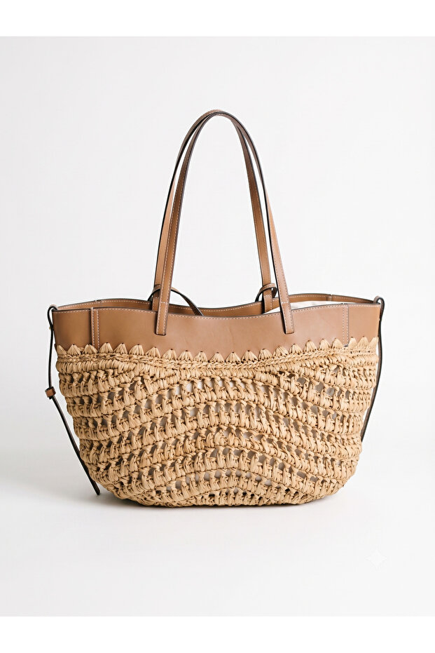Camel Leather Detailed Straw Bag 23X46 Cnt1180
