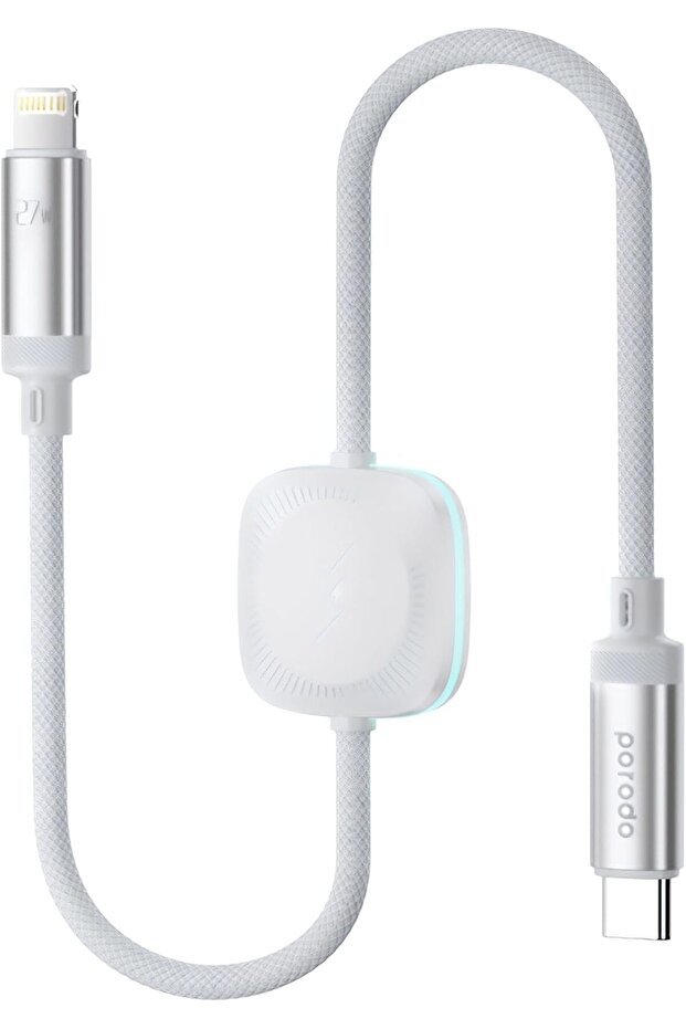 2in1 C-L 27W Cable with Wireless Watch Charger 1.2M- WhiteHigh-Grade Components 480Mbps Transfer Speed 2.5W Watch Output Flexible & Durable Fast Charging 27W PD