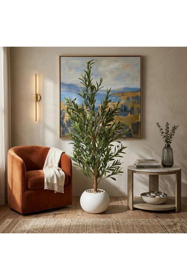 شجرة زيتون صناعي من بلاستيك بتصميم كلاسيكي أنيق ــ ابيض ــ 18×18×130 سم