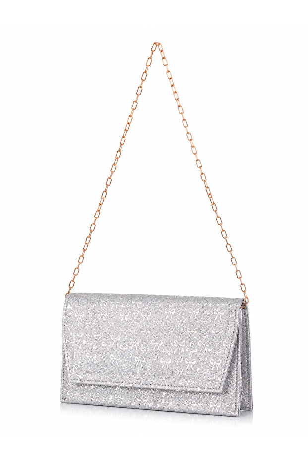 Ribbon Patterned and Sparkling Chain Strap Bag Silver