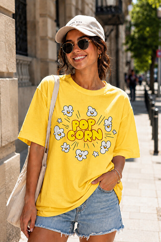 Popcorn Printed Unisex Oversize T-Shirt – Cotton Crew Neck Casual T-Shirt