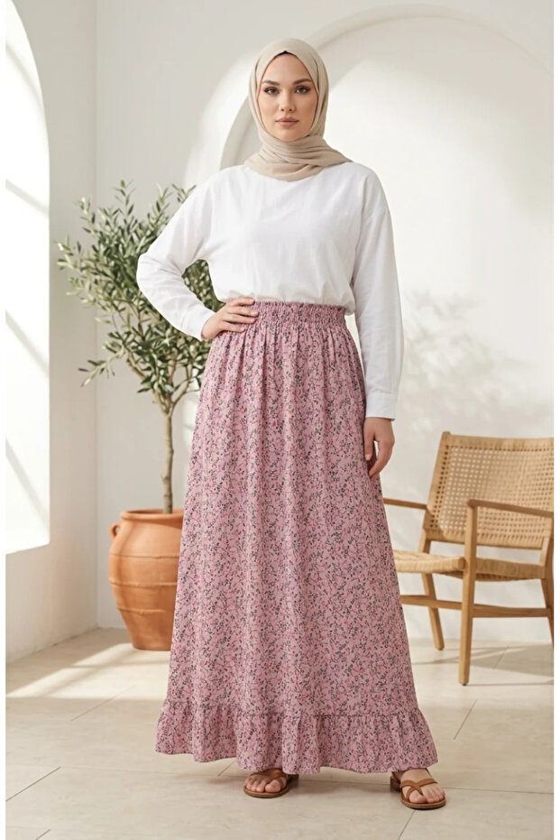 Elastic Waist Floral Patterned Skirt 0313-03 Powder
