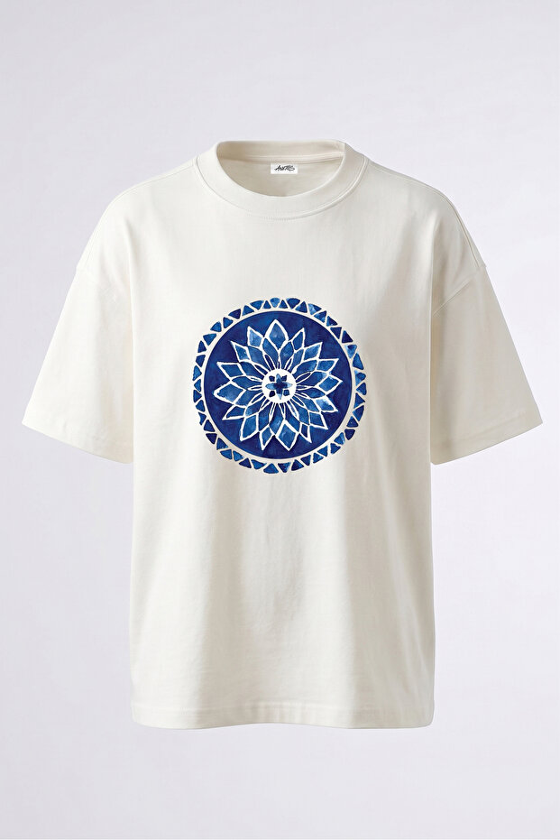 Blue Mandala_1 Design Back Printed Cotton White Oversize T-Shirt