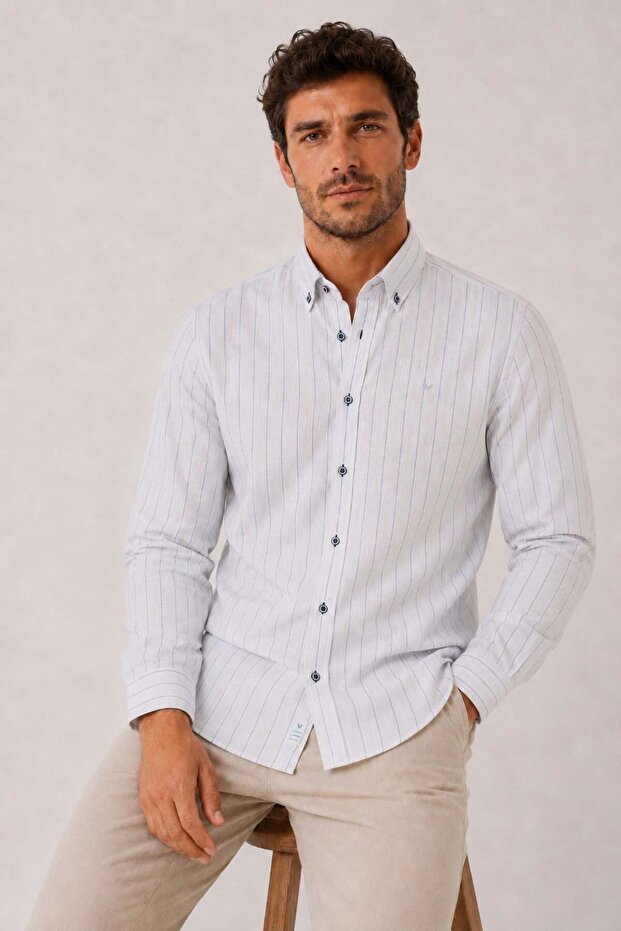 Slim Fit Long Sleeve Striped Pocketless Linen Lycra Gift Boxed Men's Shirt Fs-004579 - White Light Blue