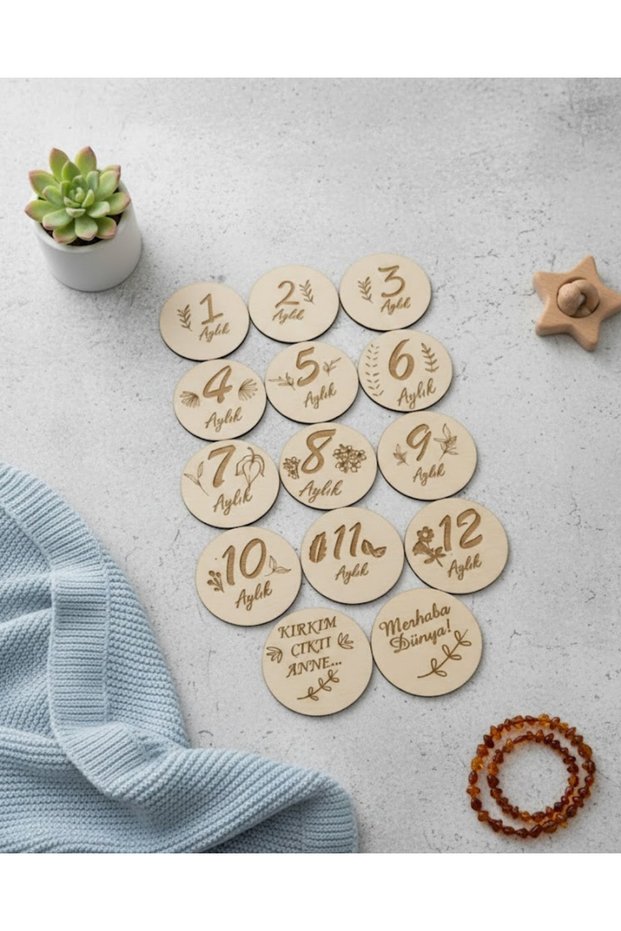 14 Piece Wooden Baby Monthly Photo Cards - Newborn Memory Plaques Souvenir Set