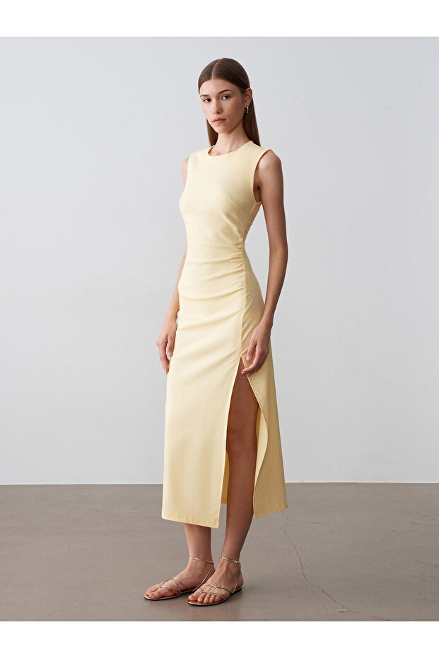 91704 Slit Detailed Midi Dress-Light Yellow