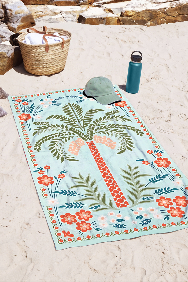 Tropical Beach Towel with Palm Flowers - Bohemian Mediterranean Mint Coral Quick-Dry Microfiber Towel