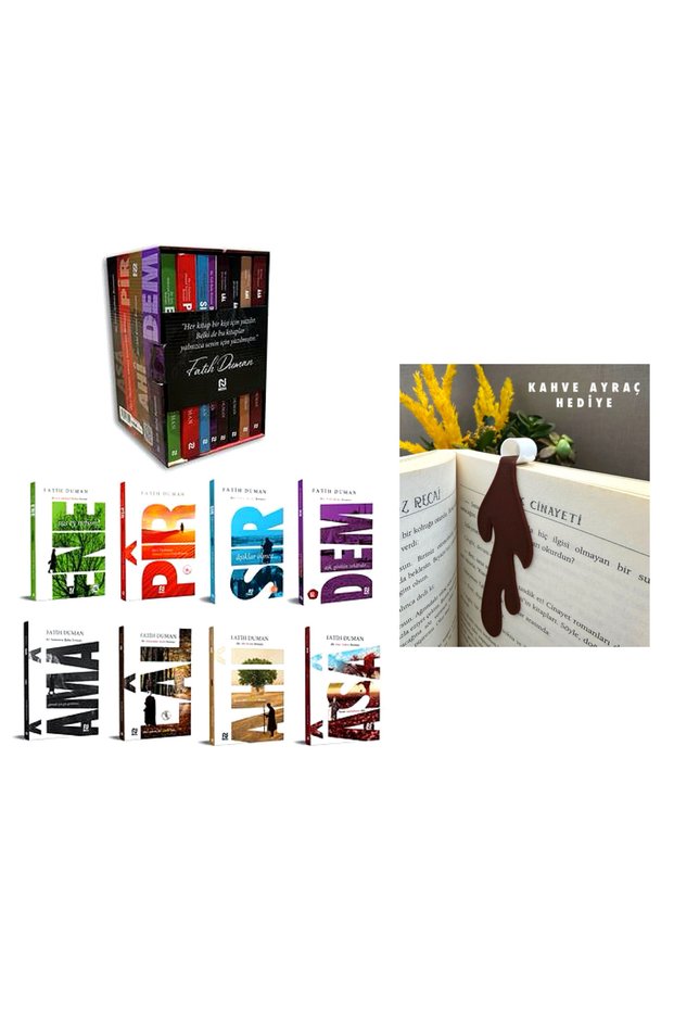 DEM & ENE & PİR & SIR & AMA & LAL & AHİ & ASA / FATİH DUMAN ROMANLARI SETİ 8 KİTAP / Bookmark with the Figure of a Spilled Cup of Coffee Gift