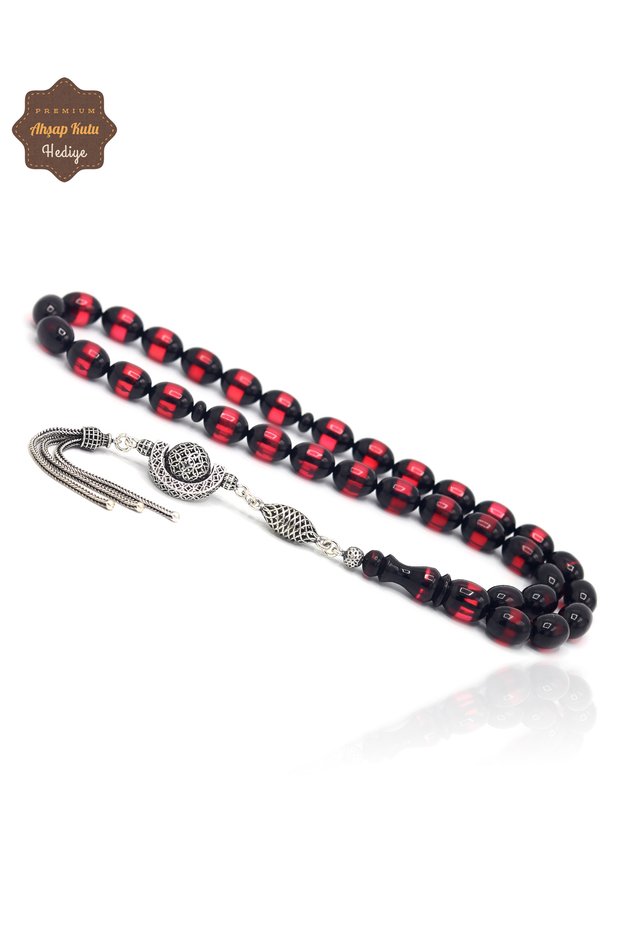 Red Black Vermeil Barley Cut Silver Tassel Fire Amber Prayer Beads 201025589