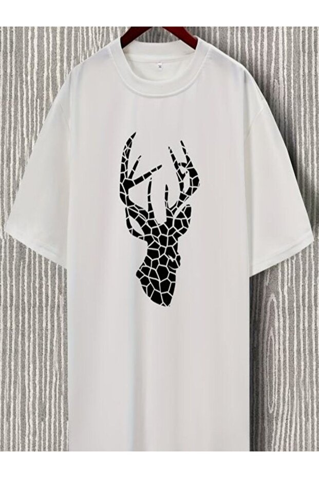 Geometric Patterned Deer Printed Oversize T-Shirt