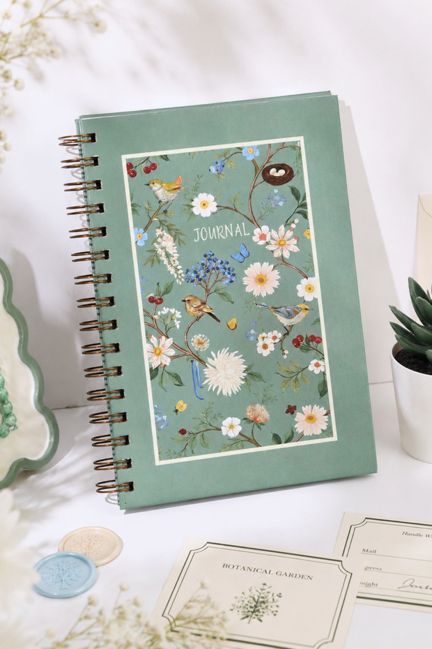 Green and Bird Spiral Dotted Undated Notebook A5 15X21 cm for School and Office