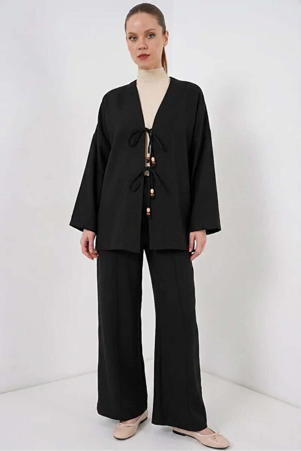 Women's V-Neck Floral Patterned Viscose Black Double Set