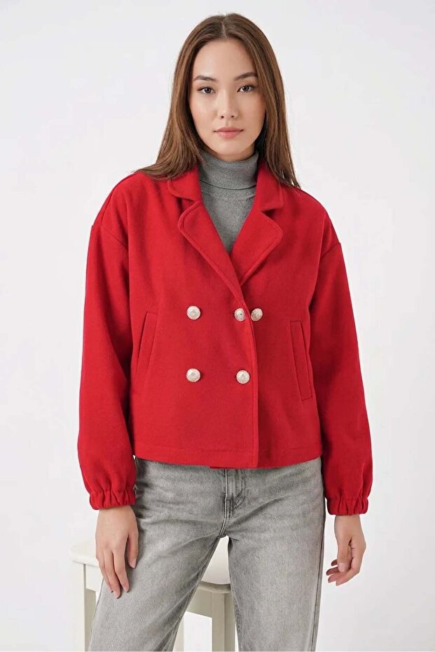 Women's Double-Breasted Collar Crop Double-Button Cotton Red Jacket