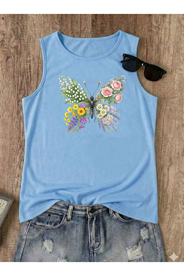 Flower Winged Butterfly Printed Regular Sleeveless Athlete Crew Neck Women's Tshirt