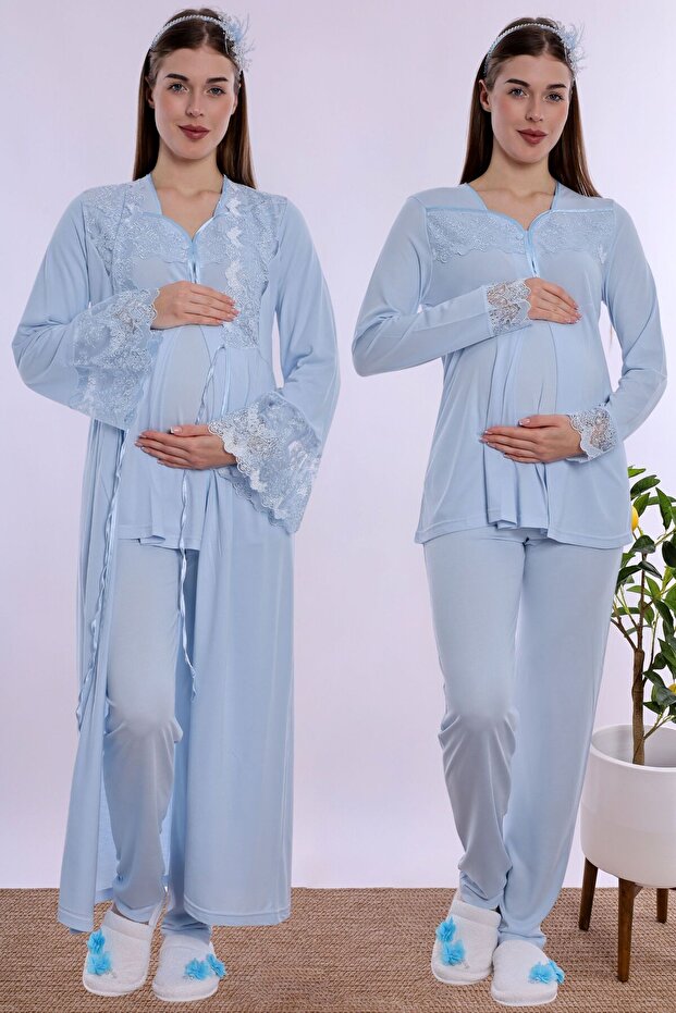 Cotton Long Robe Maternity Nursing Pajama Set Effortt - Blue