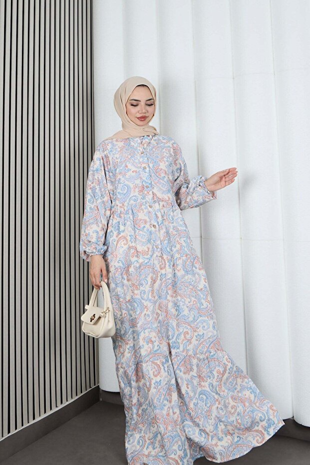Women's Modal Fabric Shawl Patterned Hijab Half Placket Buttoned Summer Dress Blue Hnt2131