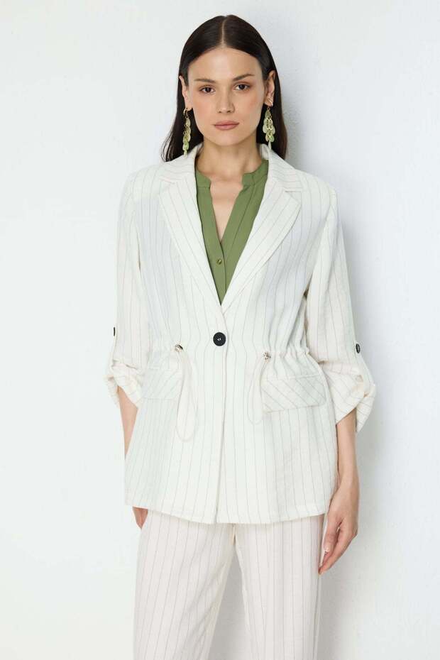 Elastic Waist Striped Linen Jacket
