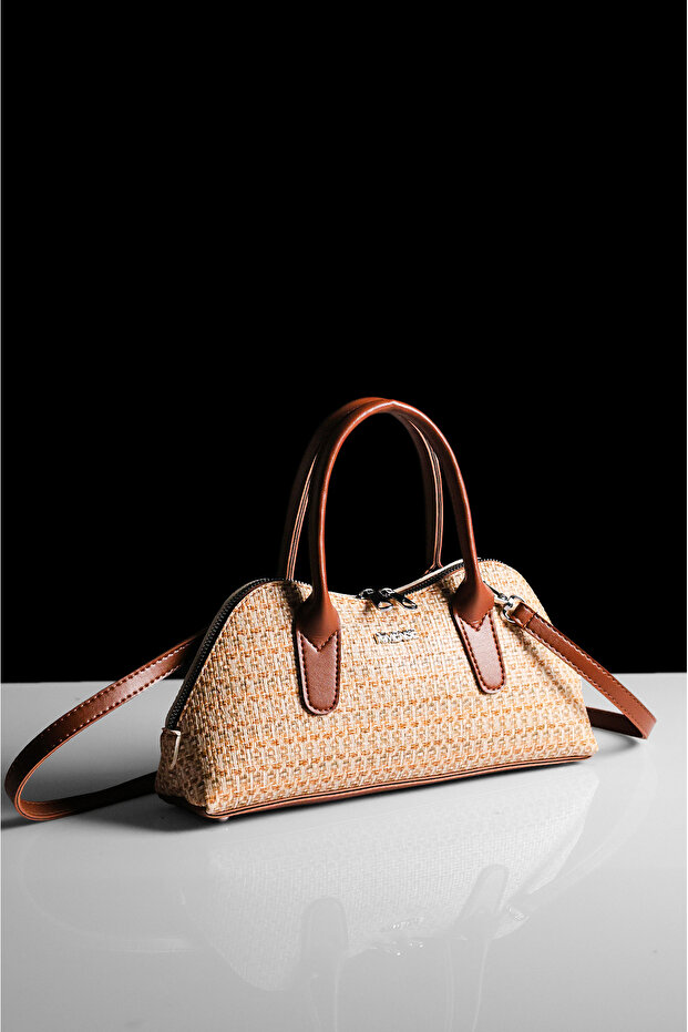 Women's Tan Straw Patterned Faux Leather Hand and Shoulder Bag