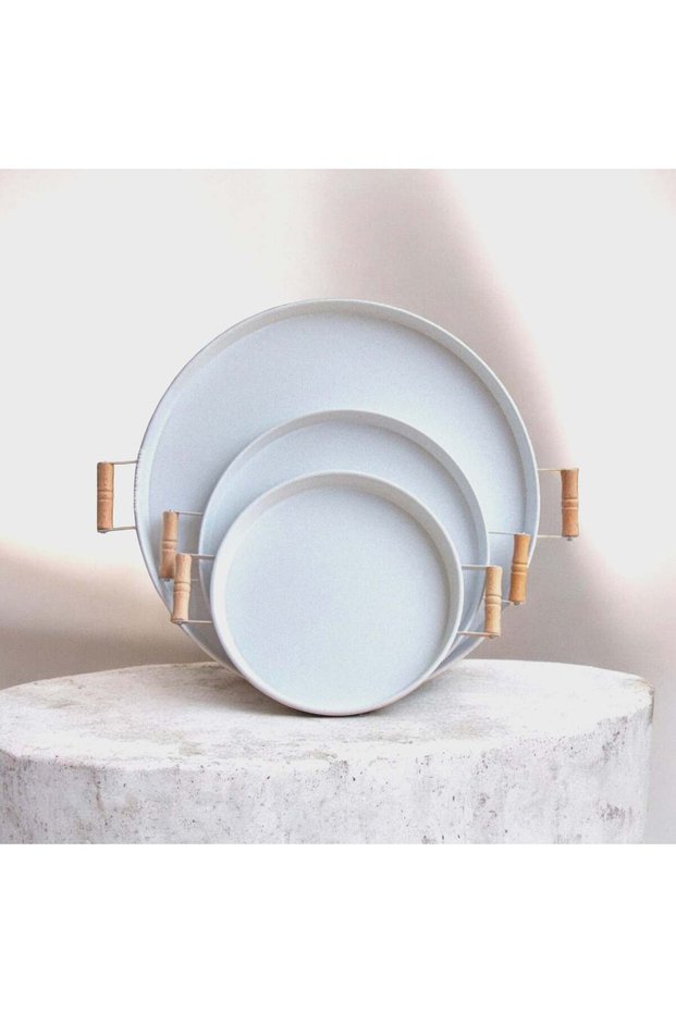 Tray Set with Wooden Handles, Cream Metal Tea Tray, Coffee Presentation, Breakfast 3-Piece Tray Set 30-37-50 cm