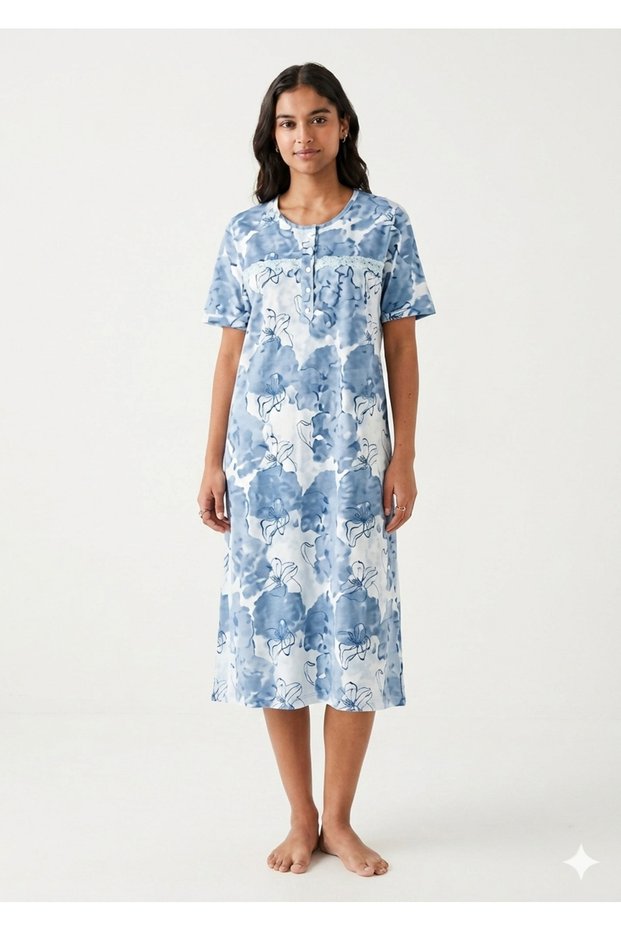 Short Nightgown 100% Cotton with Floral Print