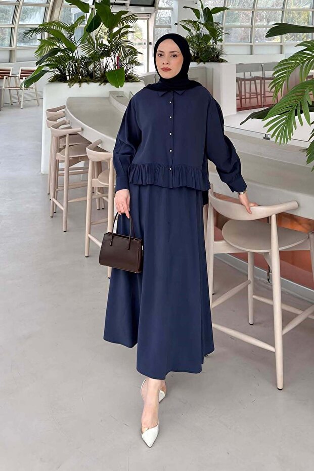 Gathered Detailed Skirt Suit in Navy Blue