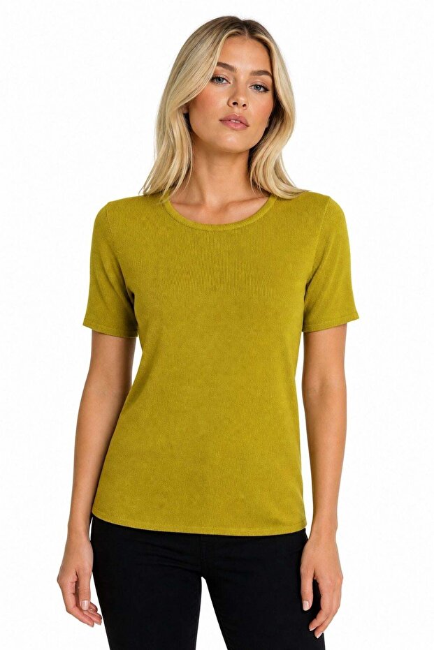 Women's Crew Neck Short Sleeve Basic Wool Blouse F.Green