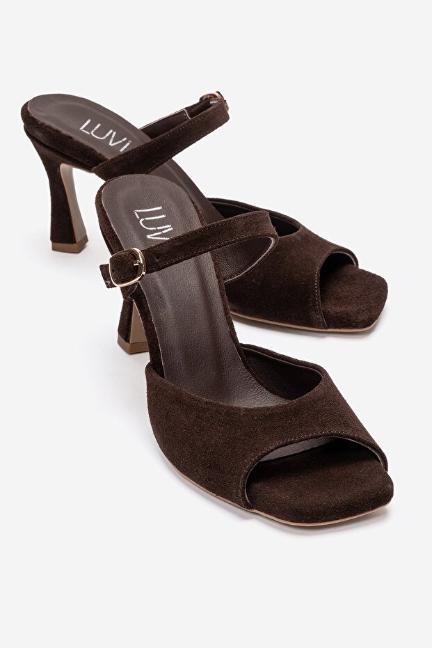 Urael Brown Suede Genuine Leather Women's Heeled Slippers